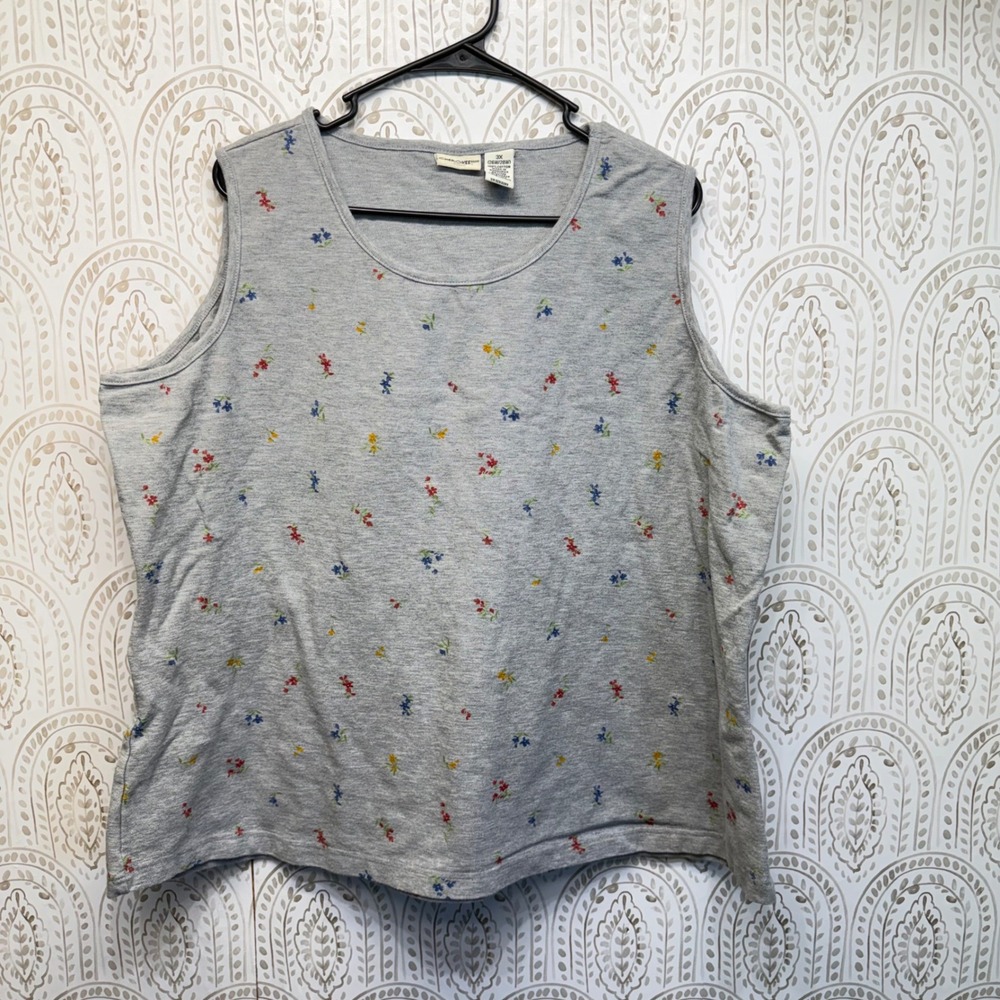 Cherokee Tank Top Womens 3X Gray Floral Cotton Knit Sleeveless Scoop Neck Casual